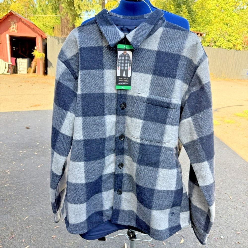 Banana Republic Mens XLarge Heritage Shirt Jacket Plaid Check Blue Heavyweight
